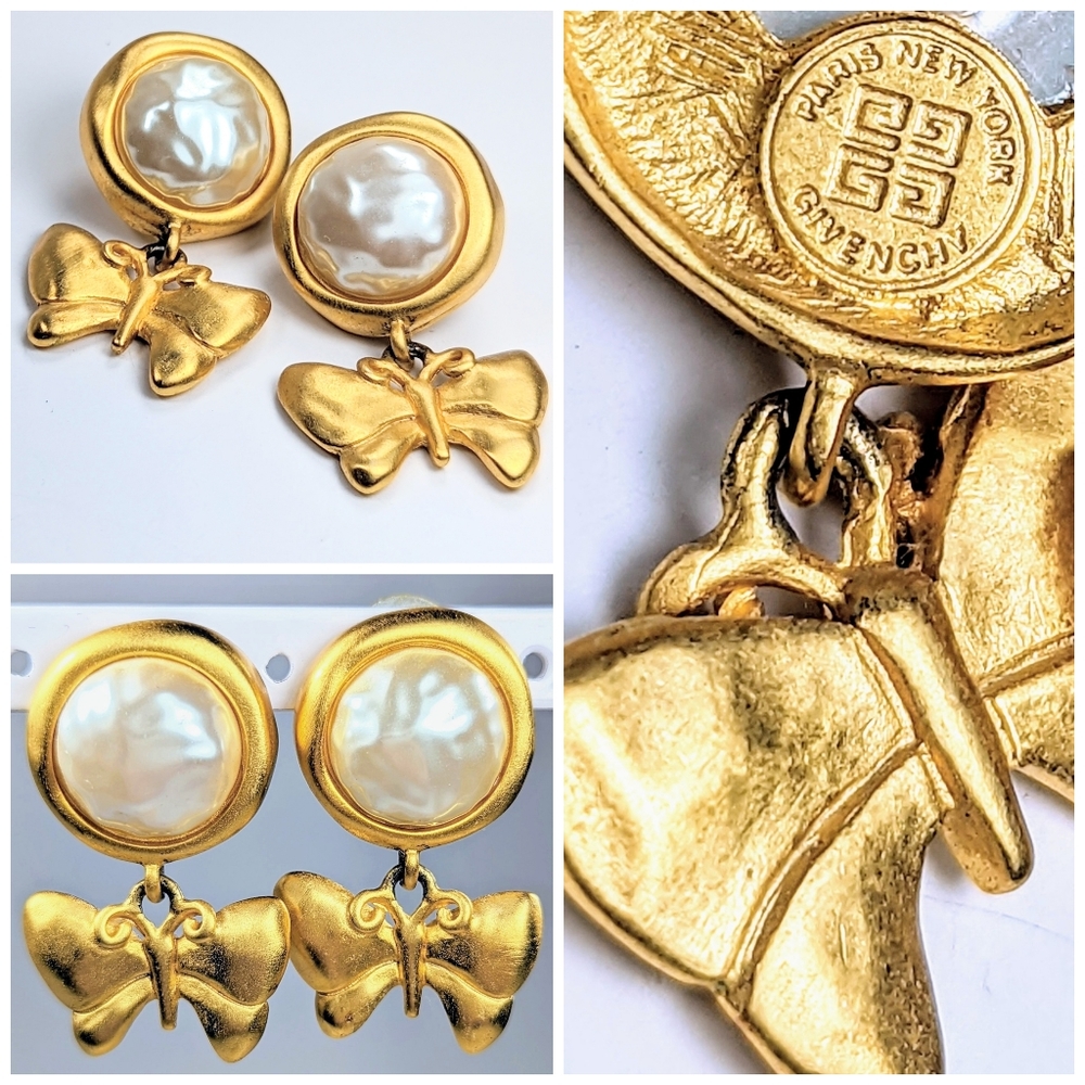RARE 1980's Givenchy Paris Faux Pearl and Butterfly Drop Earrings